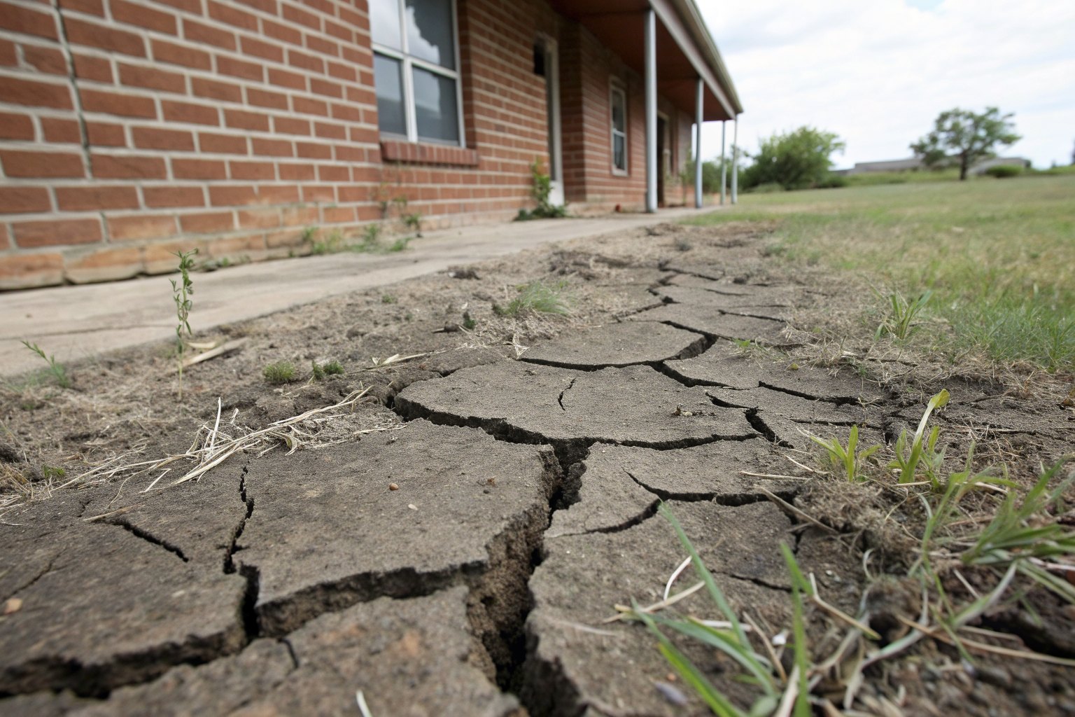 Dark clay soil split into wide cracks beside a brick foundation