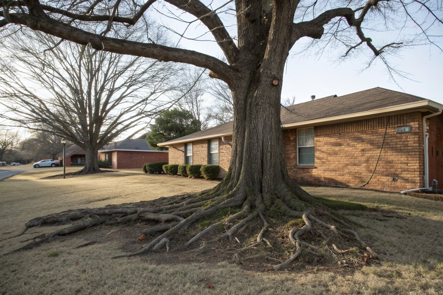 Cedar elm roots spreading across a lawn toward a brick ranch house