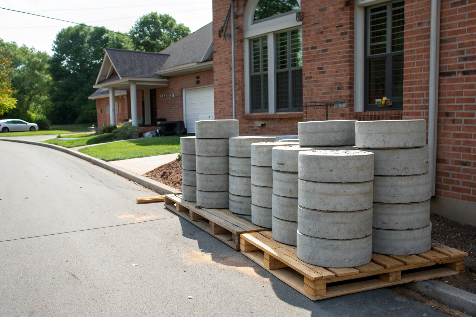 Stacked precast concrete pier segments on a pallet beside a brick house