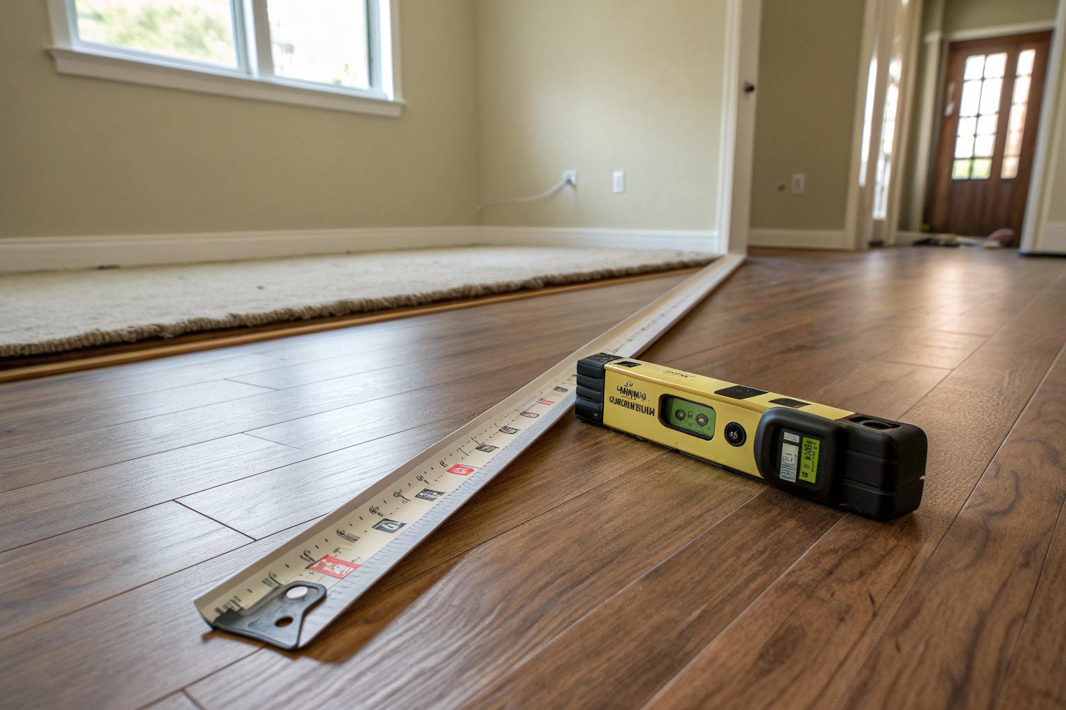 Digital level and straightedge resting on a laminate floor