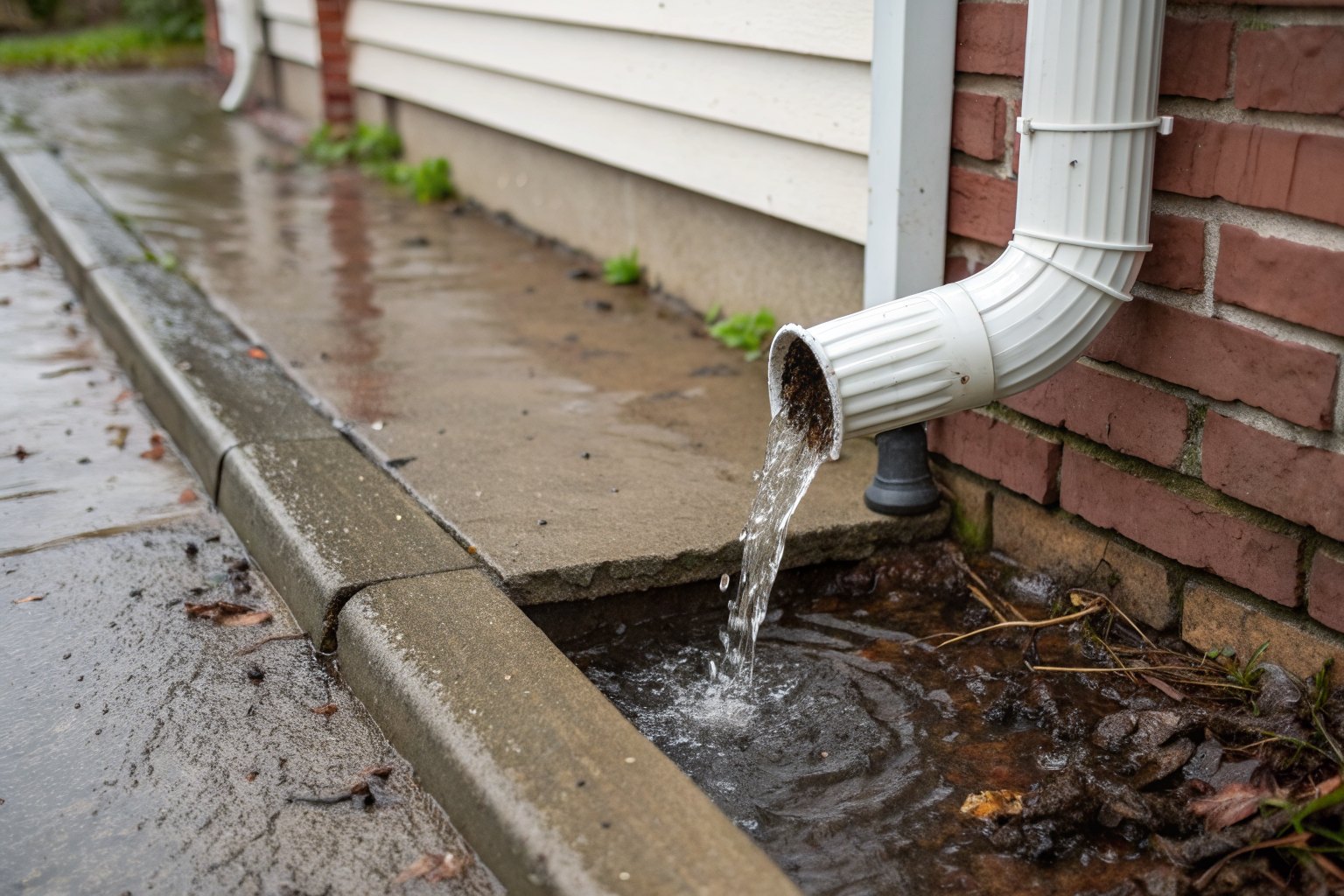 Downspout pouring onto bare clay against a concrete slab