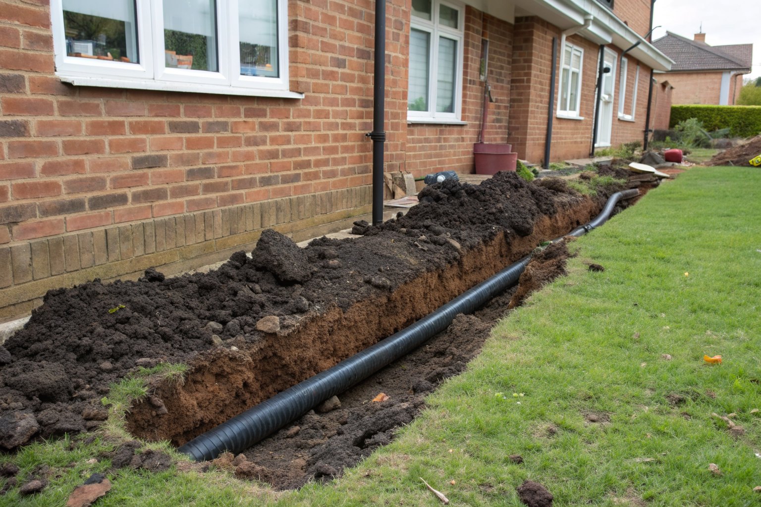 Trench with black drain pipe along a brick house in dark clay