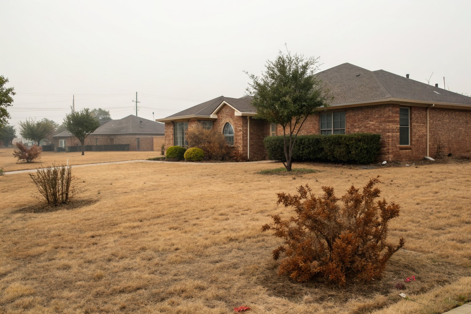 Brown lawn and wilted shrubs in front of a brick ranch house