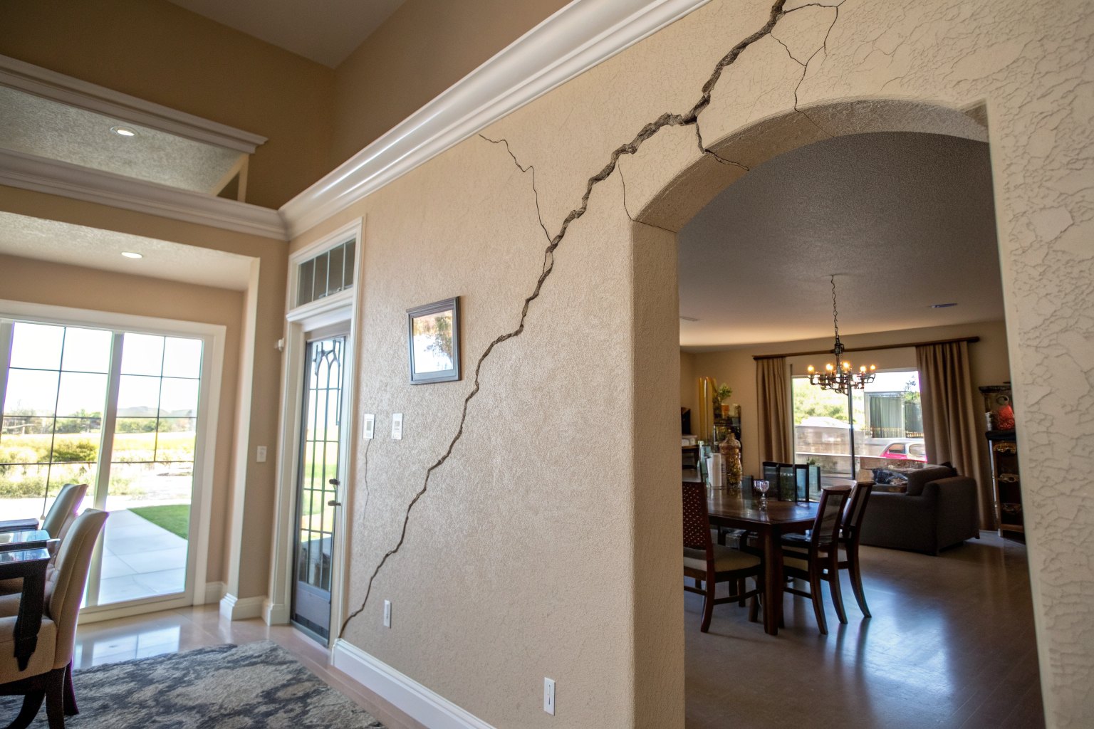 Zigzag crack above a wide cased opening in a beige living room