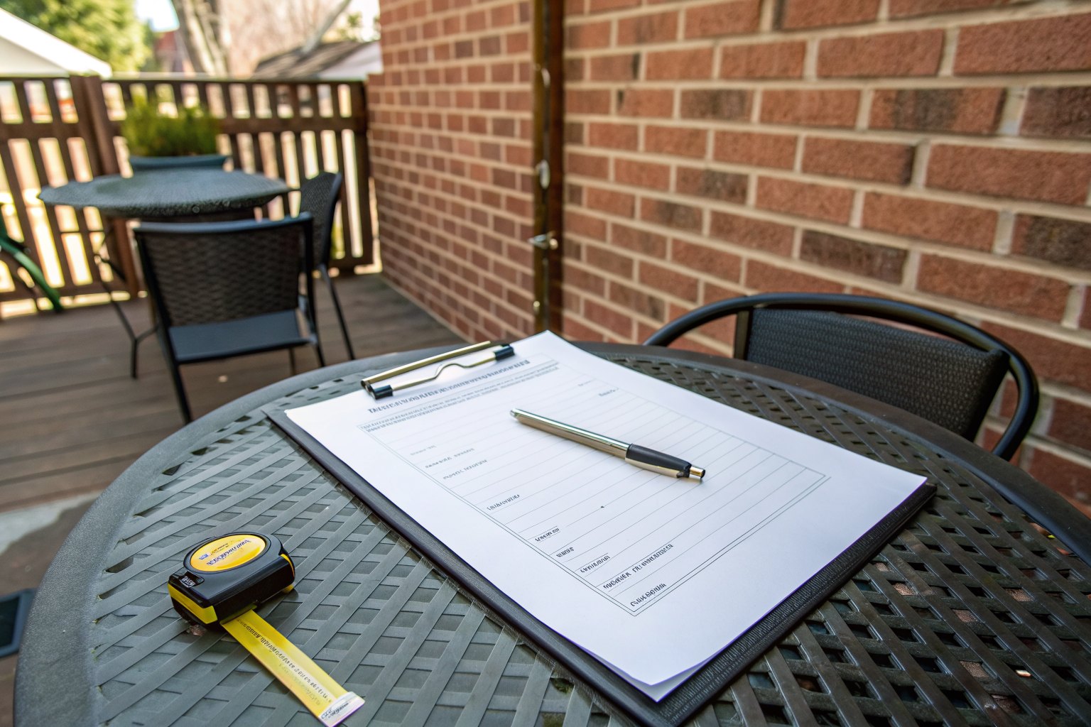 Blank form, a pen and a tape measure on a patio table by a brick wall