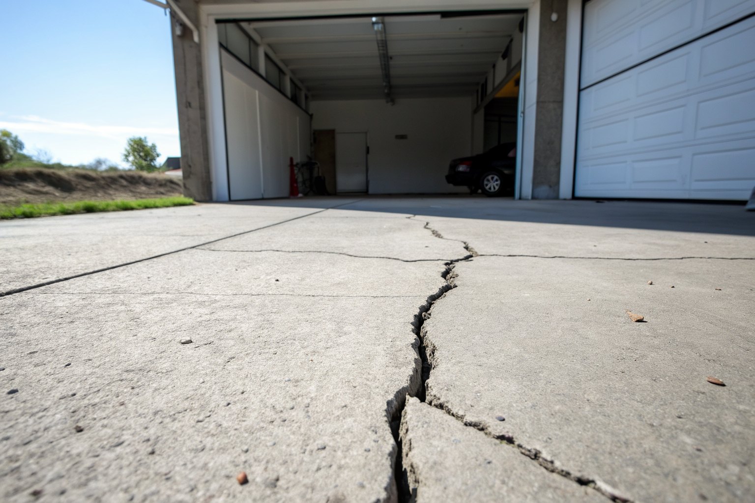 Crack across a garage floor with one side raised above the other