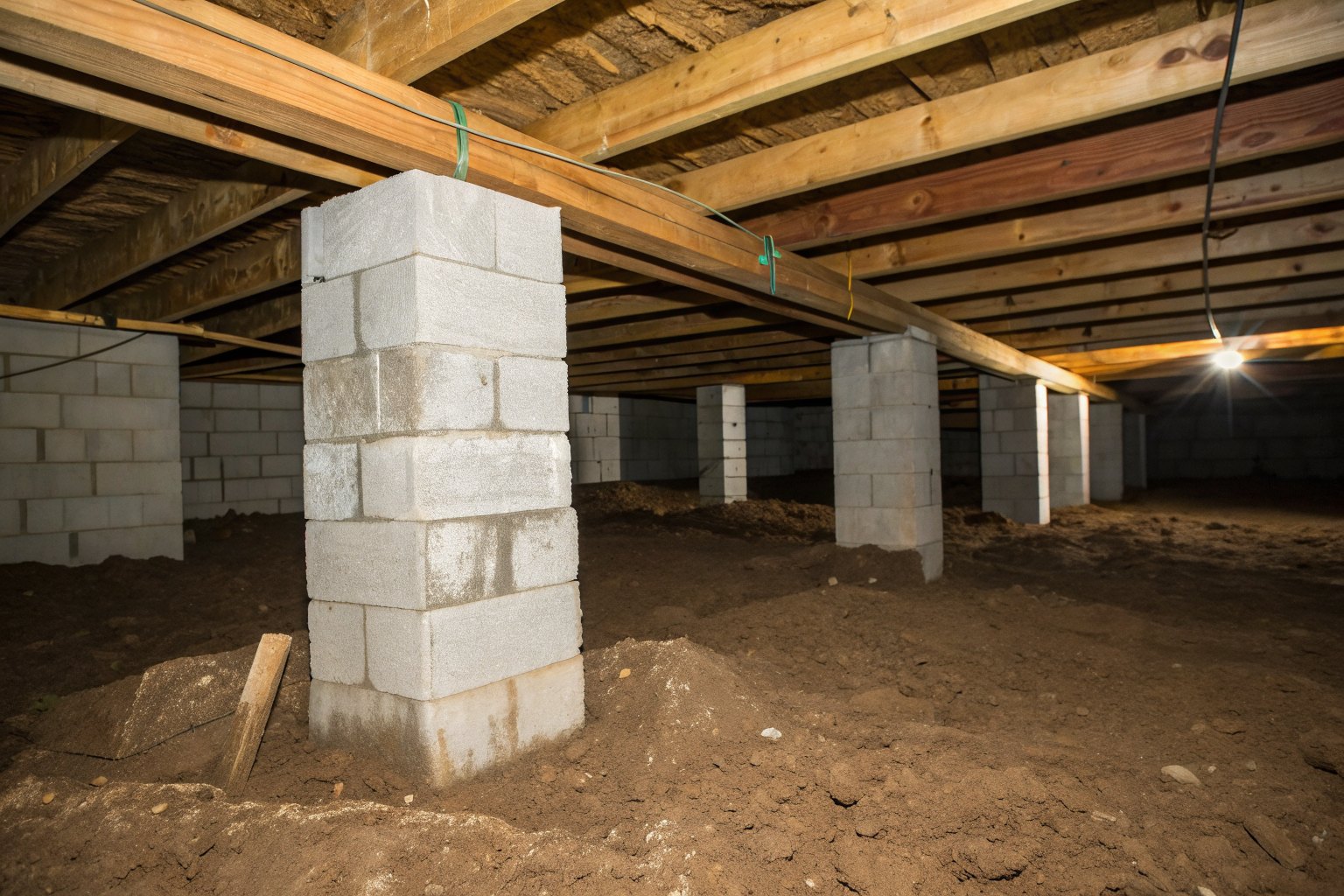 Block piers with wood shims under a beam in a crawl space