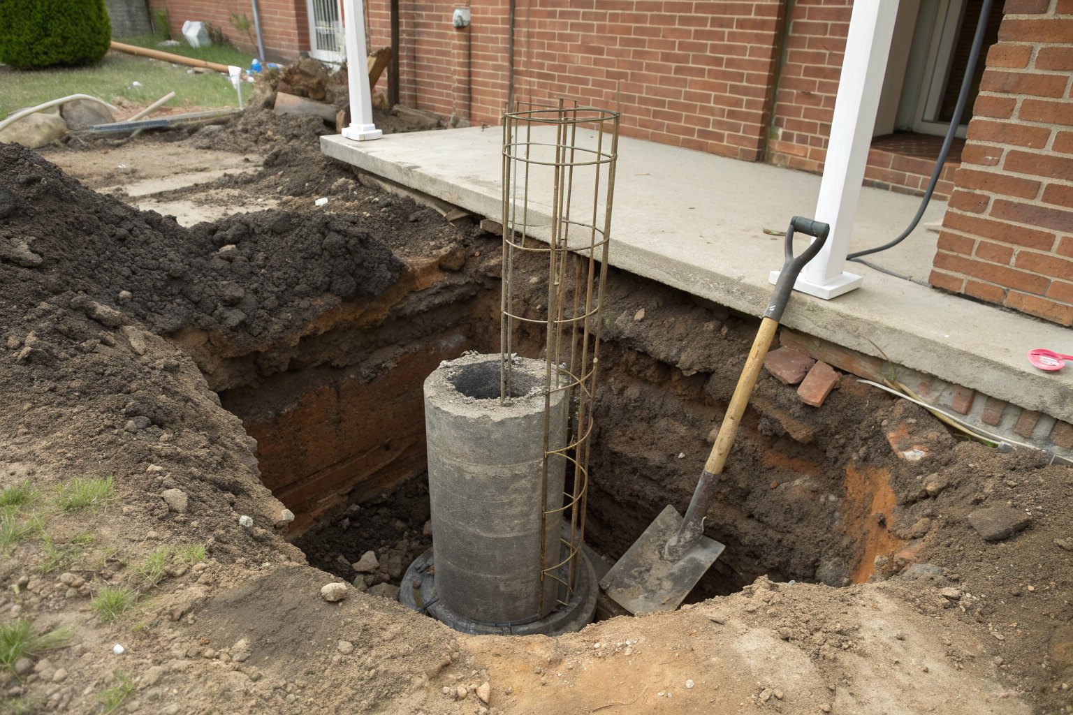 Hole dug beside a slab's grade beam with a concrete pier and shims in place