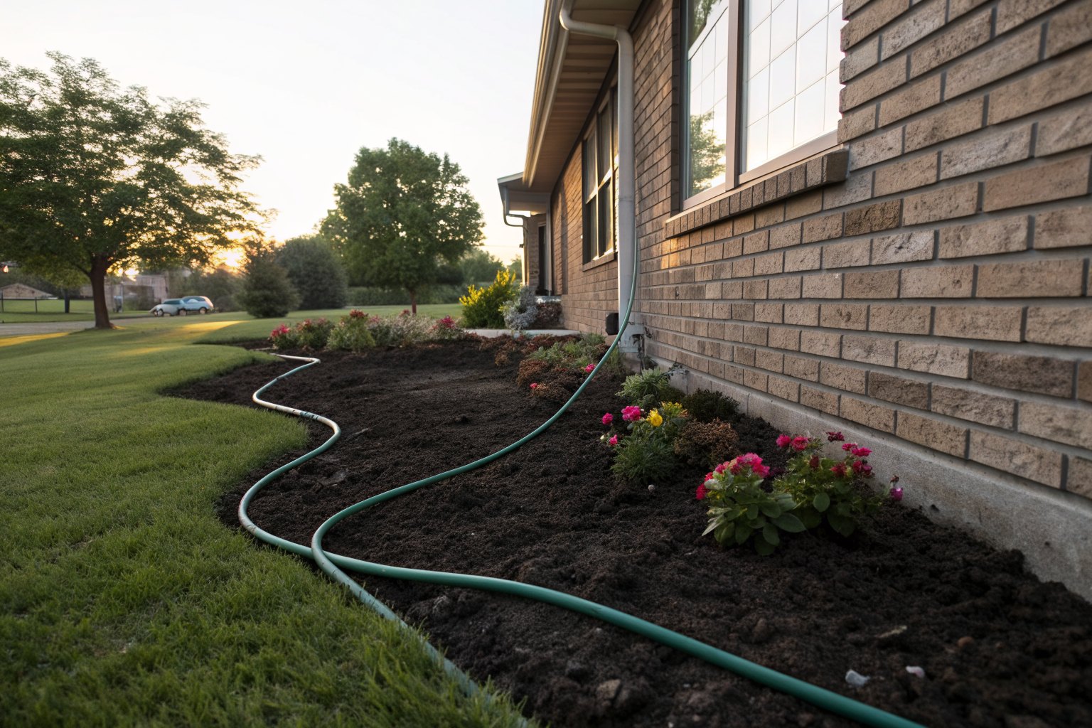 Soaker hose laid along a brick foundation in a flower bed