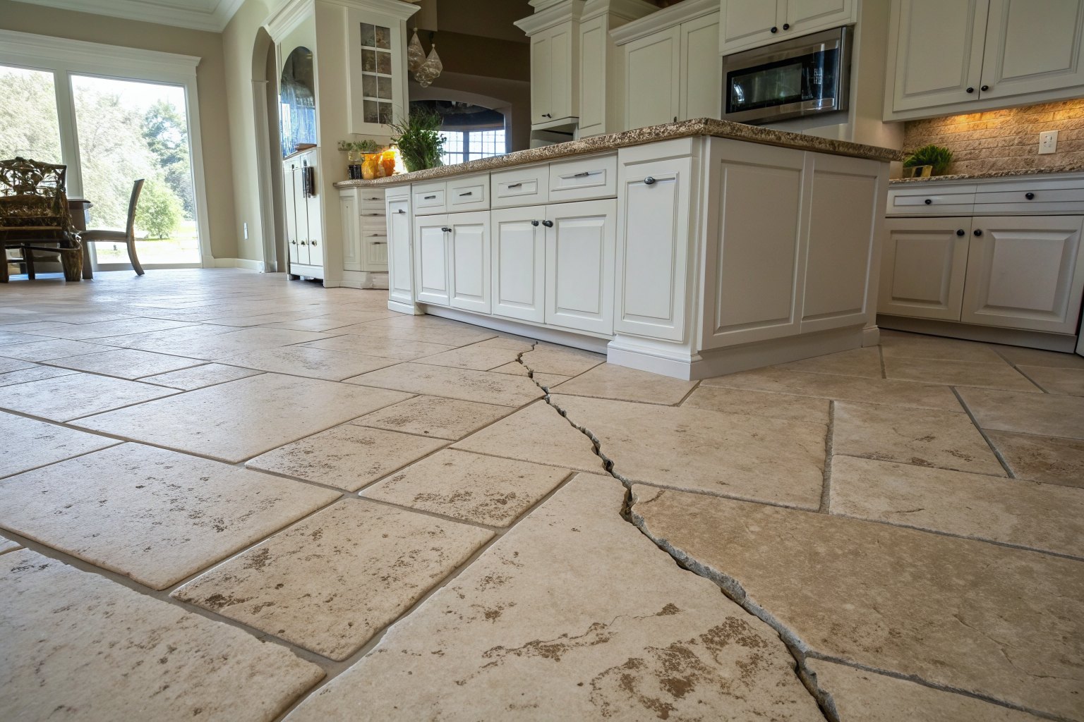 Cracked travertine-look floor tiles in a white kitchen