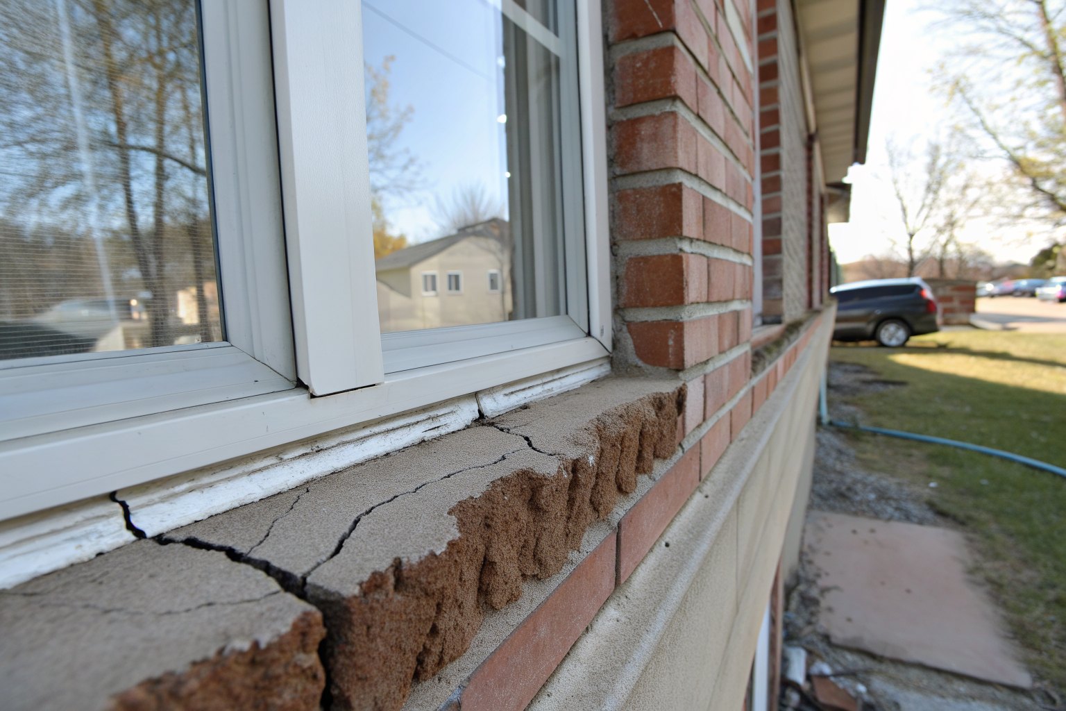 Crack running from a window corner through the brick